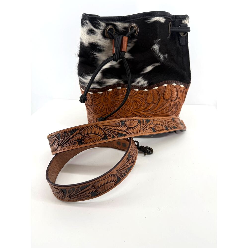 American Darling Cowhide Tooled Leather Western Bucket Crossbody Bag Boho
